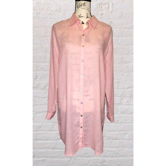 Tahari Linen Tunic Shirt Dress MED Pink Roll Tab Sleeve Lagenlook MOP Buttons - Picture 1 of 8